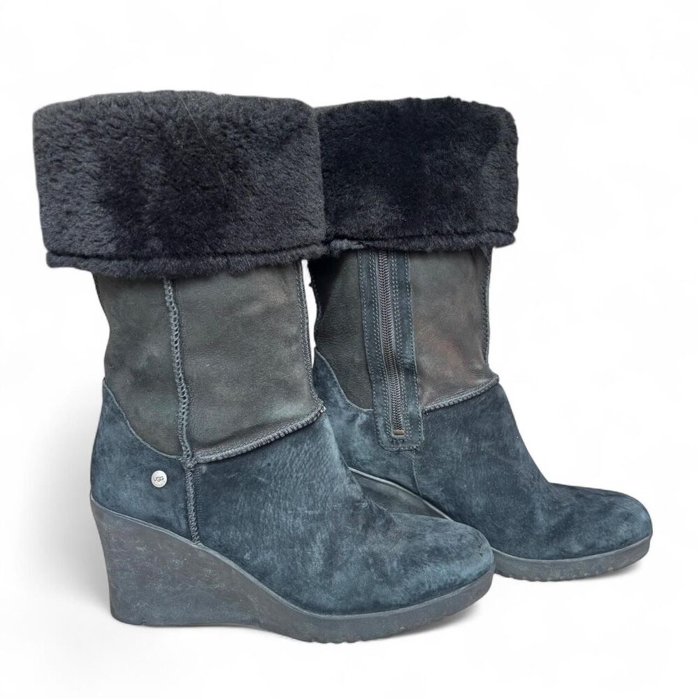 Size 10 UGG Australia Black Suede Shearling 3 Inch Wedge Boots